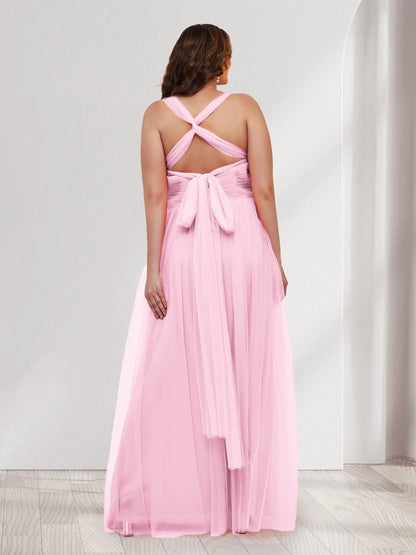 Roselledress blush tulle bridesmaid dress back view, crisscross open back tie bow plus size long wedding guest dress