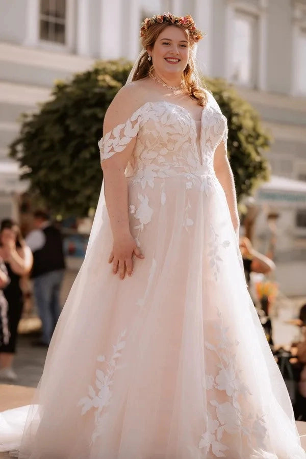 Roselledress plus size off‑the‑shoulder wedding dress floral lace short sleeve nude lining a‑line chapel train bridal gown