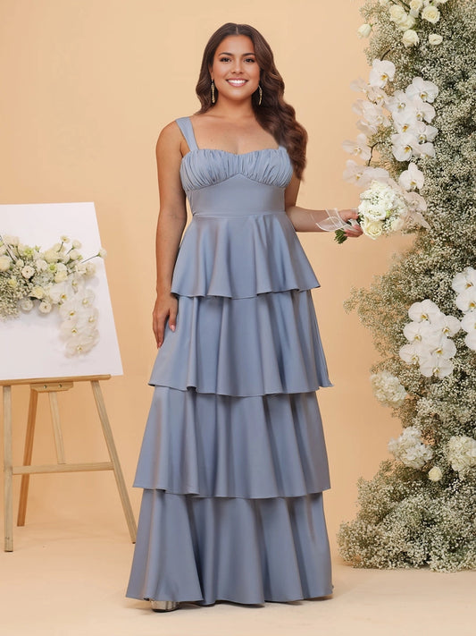 roselledress dusty blue plus size bridesmaid dress ruched sweetheart neck adjustable spaghetti strap tiered ruffle a‑line satin floor‑length gown