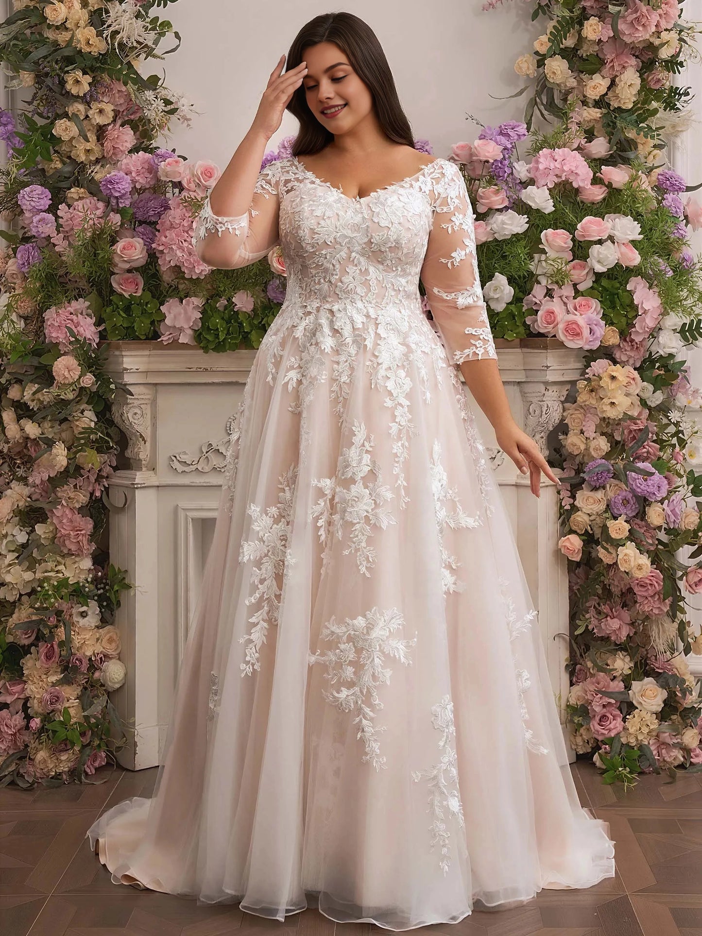 Roselledress plus size a‑line wedding dress v neck 3/4 lace sleeve blush tulle court train bridal gown