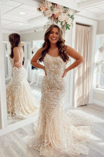 Roselledress champagne plus size wedding dress scoop neck sleeveless floral lace mermaid bridal gown front view