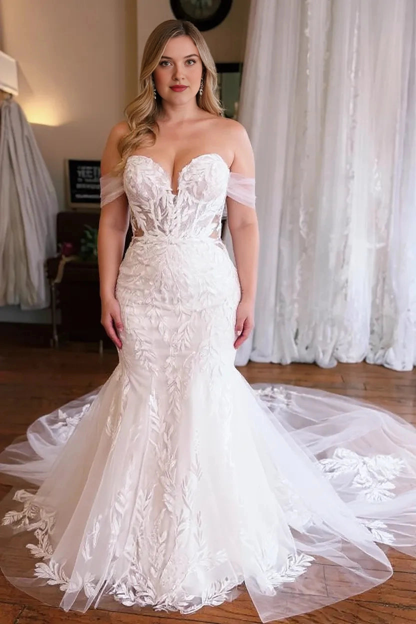 Roselledress plus size mermaid wedding dress sweetheart off‑shoulder tulle sleeve 3D leaf lace bridal gown