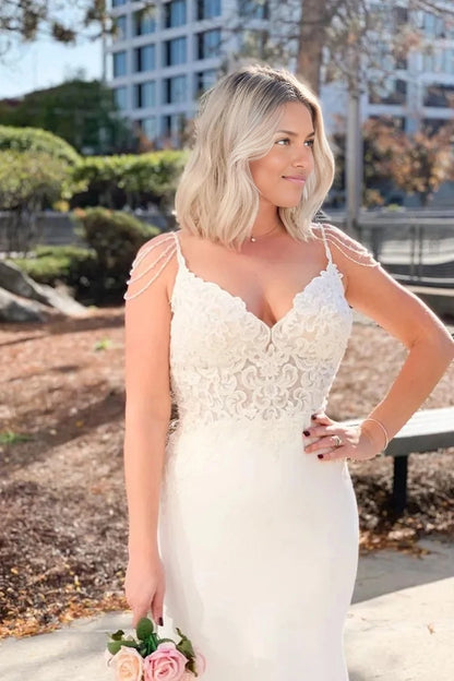 Roselledress plus size mermaid wedding dress v neck beaded fringe strap lace bodice bridal gown outdoor wedding