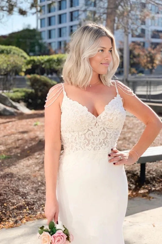 Roselledress plus size mermaid wedding dress v neck beaded fringe strap lace bodice bridal gown outdoor wedding