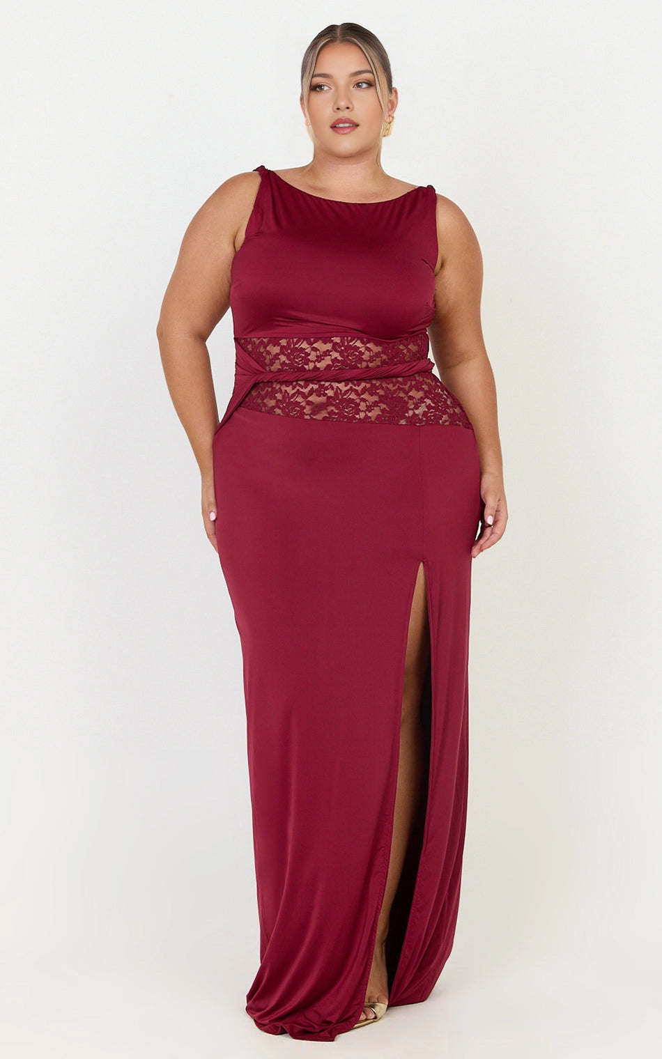 Roselledress scoop back plus size wedding guest maxi dress front view, lace waist cutout high slit formal gown
