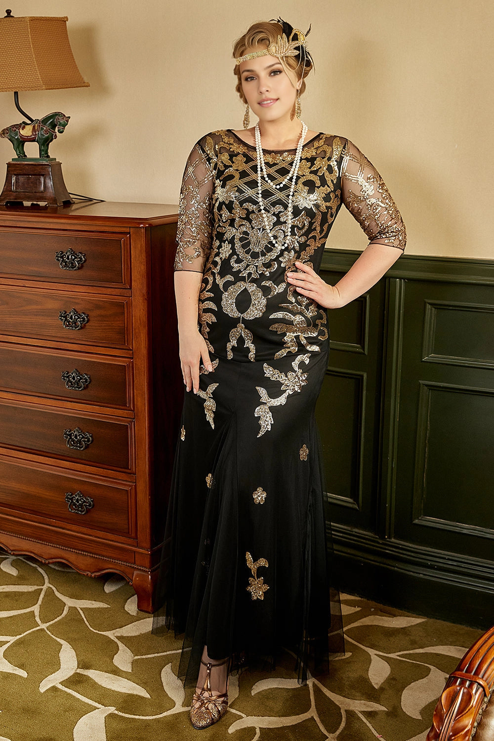 Roselledress black plus size prom dress front view, round neck mesh 3/4 sleeve gown with vintage gold sequin embroidery mermaid long skirt