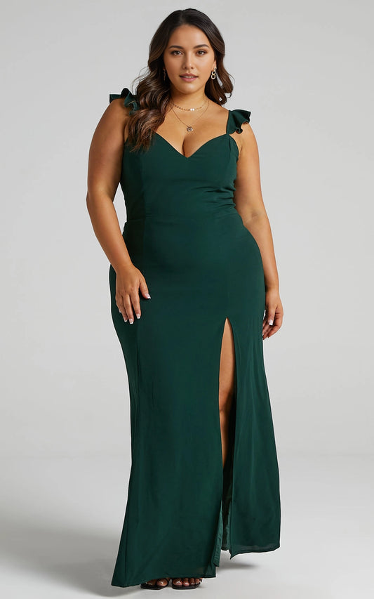 Roselledress ruffle strap plus size wedding guest maxi dress front view, v-neck high slit mermaid formal gown