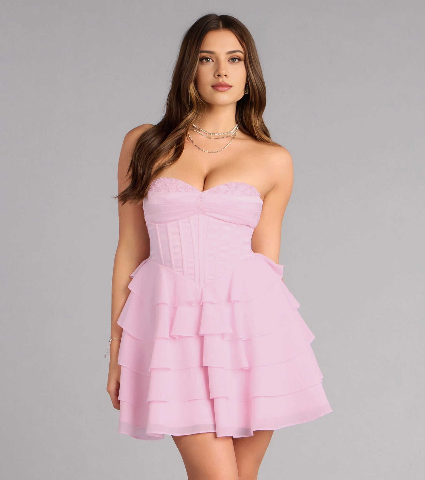 Ruffled Tiered Strapless Sleeveless Lace Up Back Mini Homecoming Dress