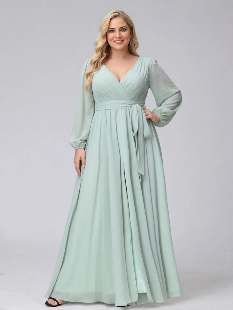RoselleDress sage chiffon plus size mother of the bride dress V-neck long balloon sleeve waist sash front split formal gown
