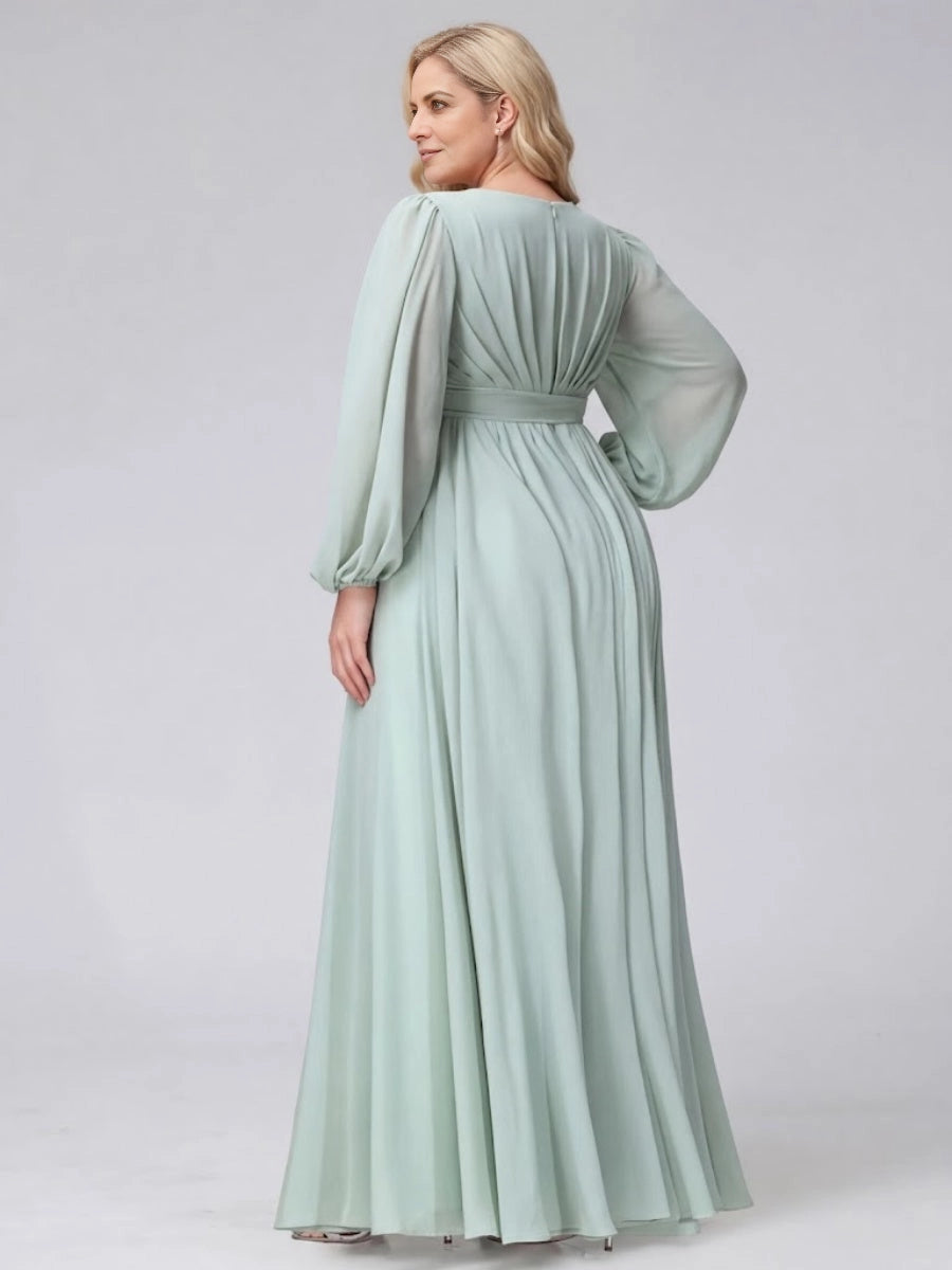 Back view RoselleDress sage long sleeve chiffon evening dress ruched back invisible zipper floor length plus size wedding guest maxi dress