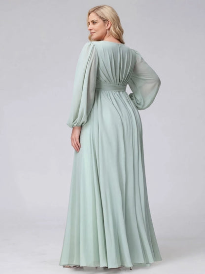 Back view RoselleDress sage long sleeve chiffon evening dress ruched back invisible zipper floor length plus size wedding guest maxi dress