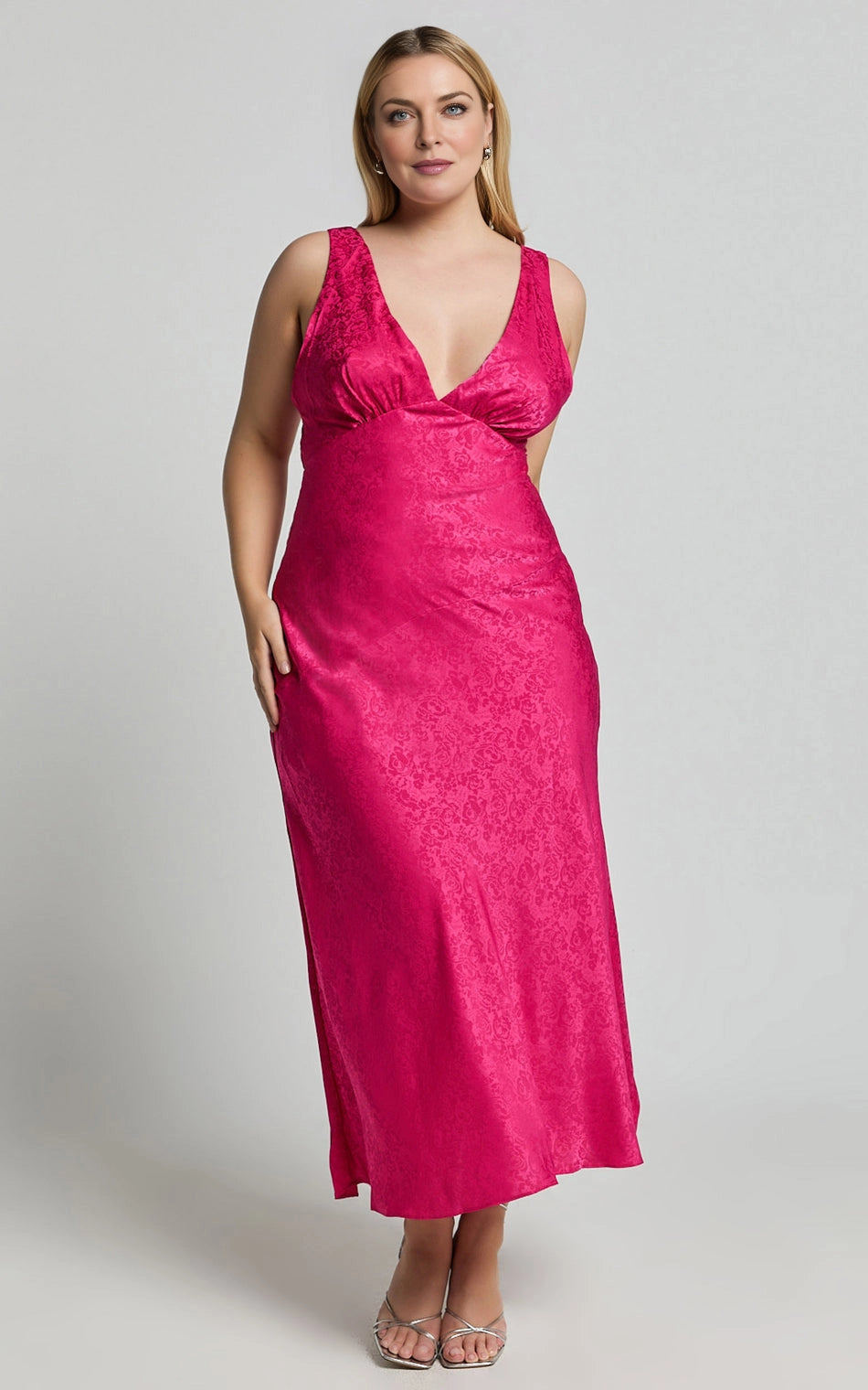 Roselledress fuchsia satin jacquard plus size wedding guest midi dress front view, sleeveless v-neck slip formal gown