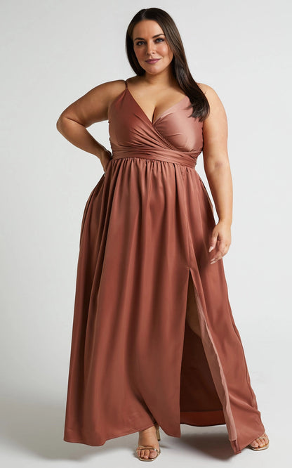 Roselledress dusty rose satin plus size bridesmaid maxi dress front view, wrap v-neck empire gown with high side slit