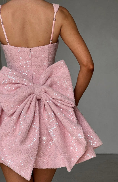 Sequin Flared Square Sleeveless BowBack Mini Party Dress