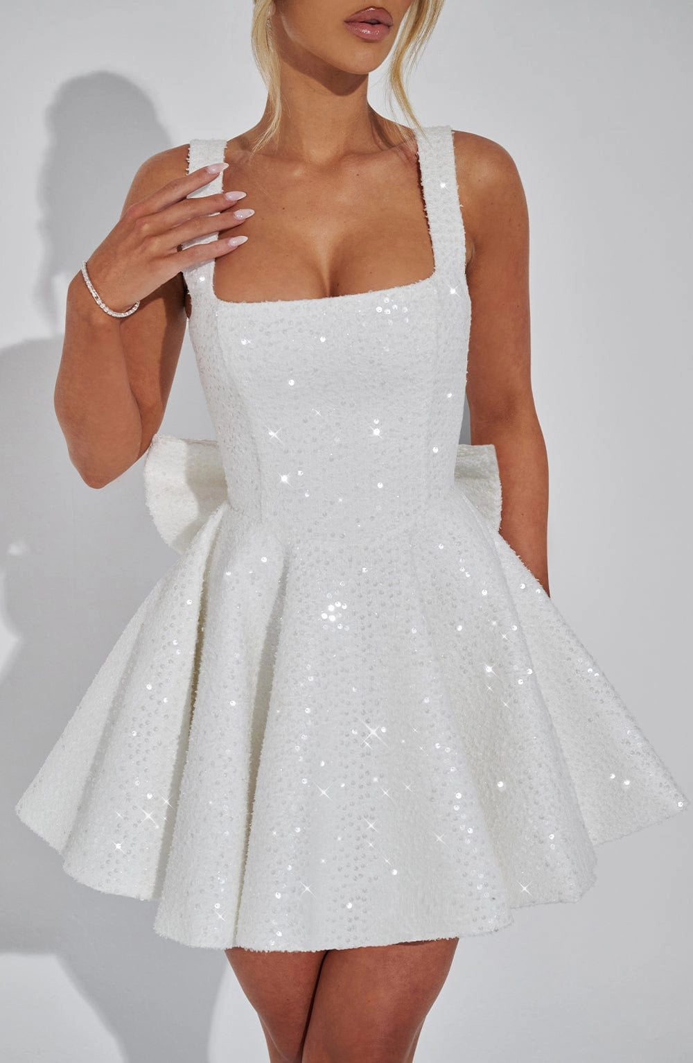 Sequin Flared Square Sleeveless BowBack Mini Party Dress