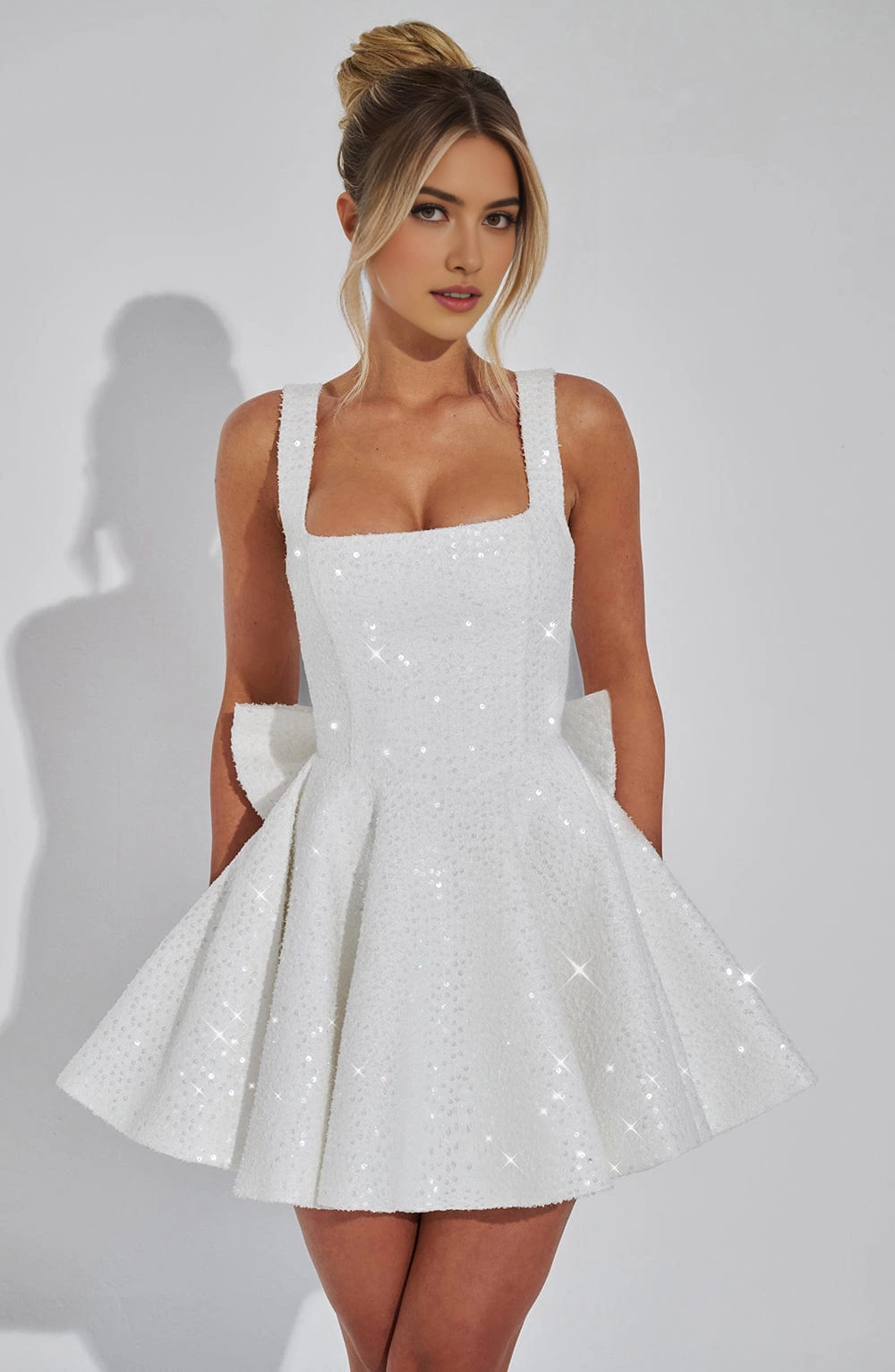 Sequin Flared Square Sleeveless BowBack Mini Party Dress