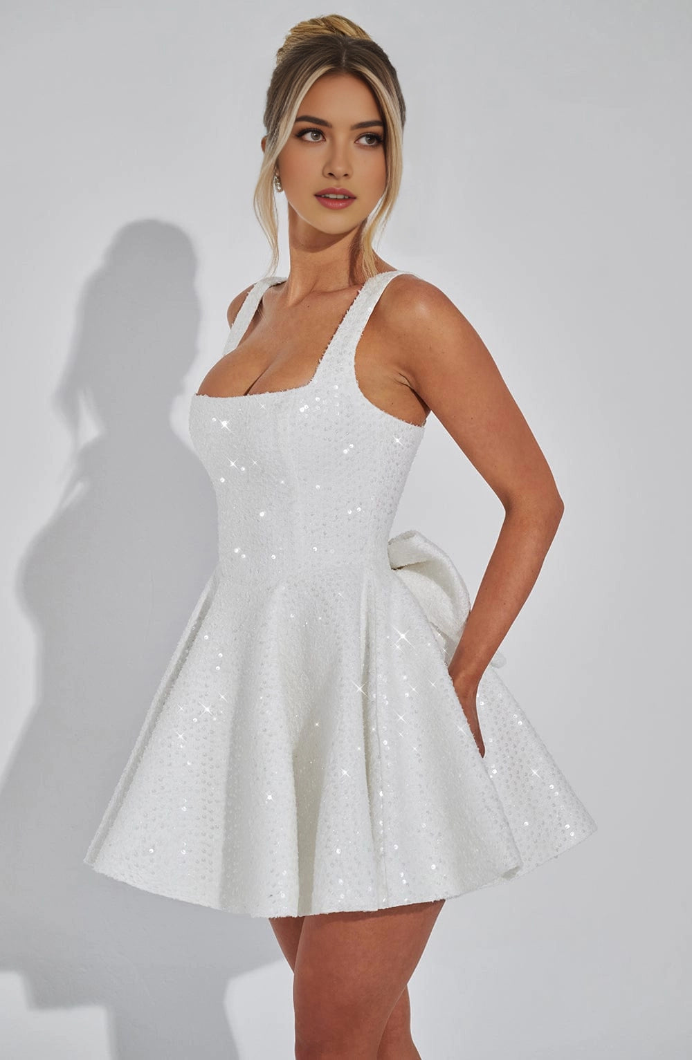 Sequin Flared Square Sleeveless BowBack Mini Party Dress