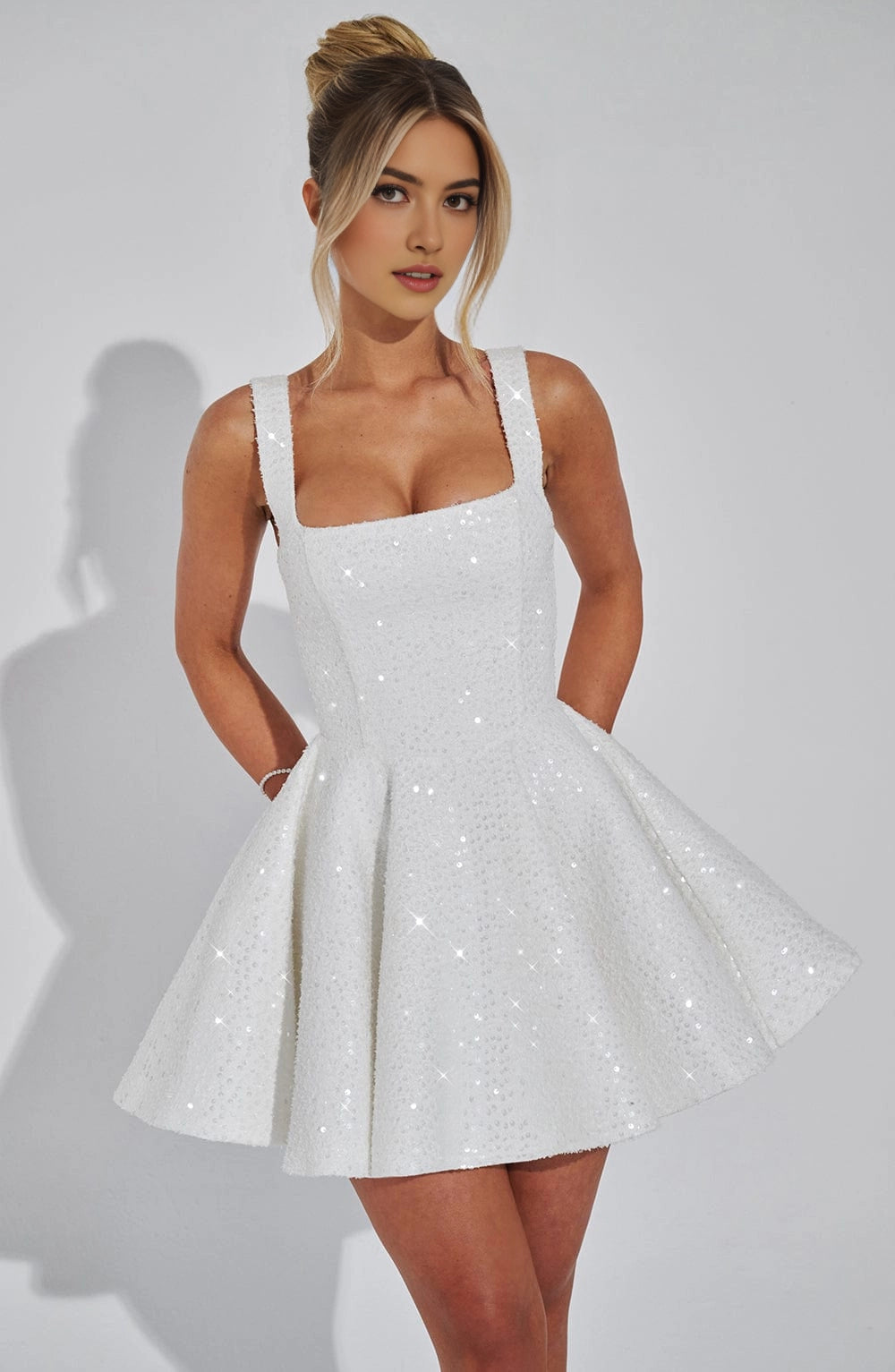Sequin Flared Square Sleeveless BowBack Mini Party Dress