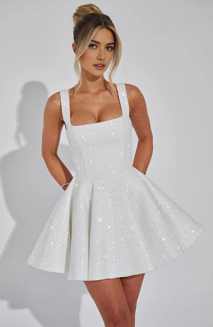 Sequin Flared Square Sleeveless BowBack Mini Party Dress