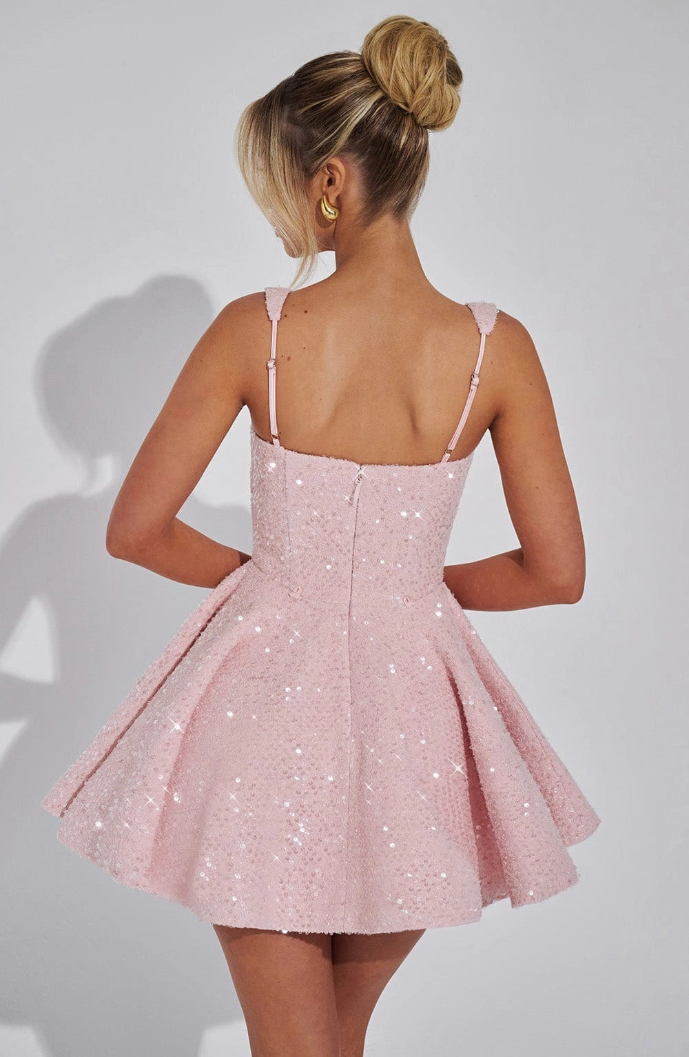 Sequin Flared Square Sleeveless BowBack Mini Party Dress