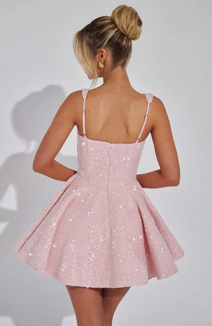 Sequin Flared Square Sleeveless BowBack Mini Party Dress