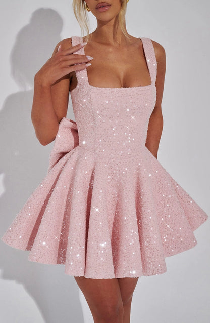 Sequin Flared Square Sleeveless BowBack Mini Party Dress