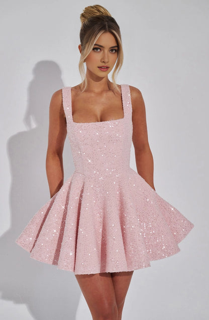 Sequin Flared Square Sleeveless BowBack Mini Party Dress