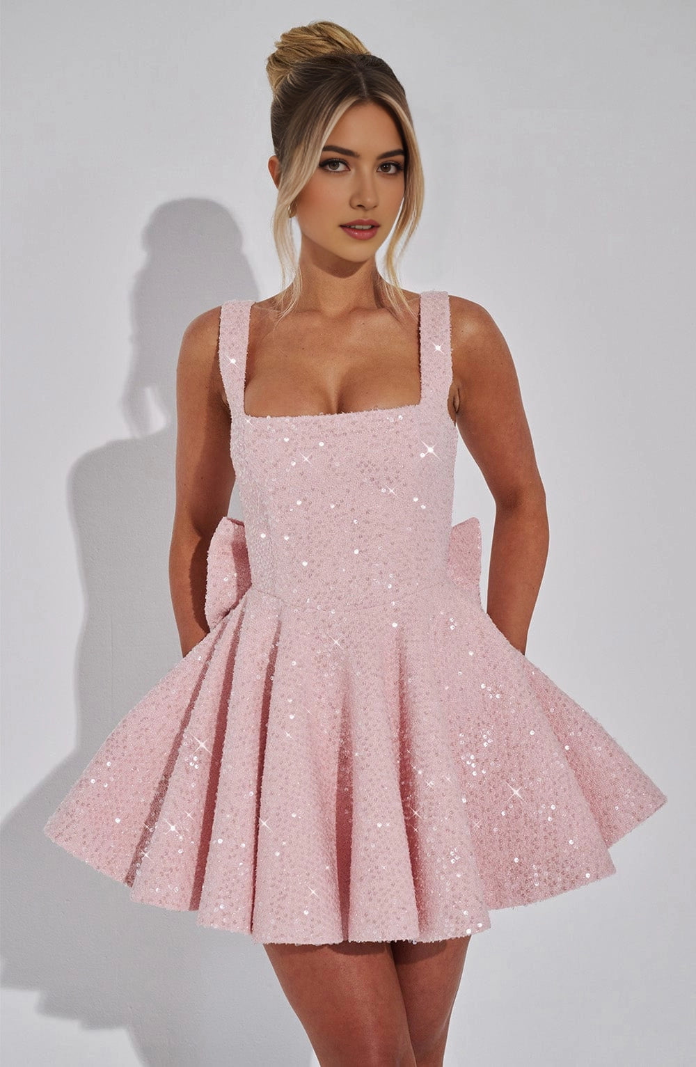 Sequin Flared Square Sleeveless BowBack Mini Party Dress