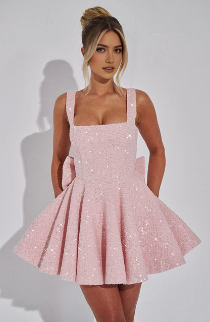 Sequin Flared Square Sleeveless BowBack Mini Party Dress