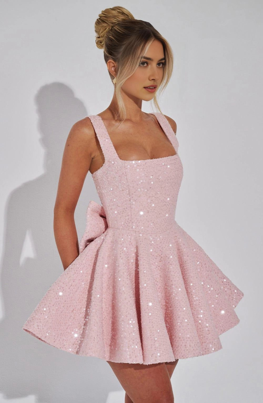 Sequin Flared Square Sleeveless BowBack Mini Party Dress