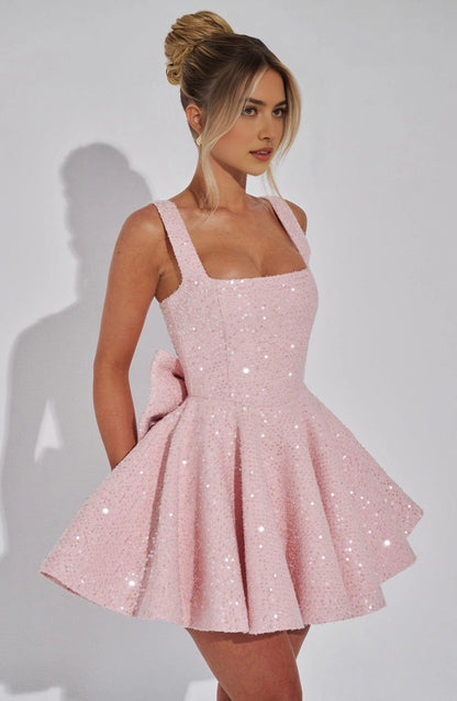 Sequin Flared Square Sleeveless BowBack Mini Party Dress