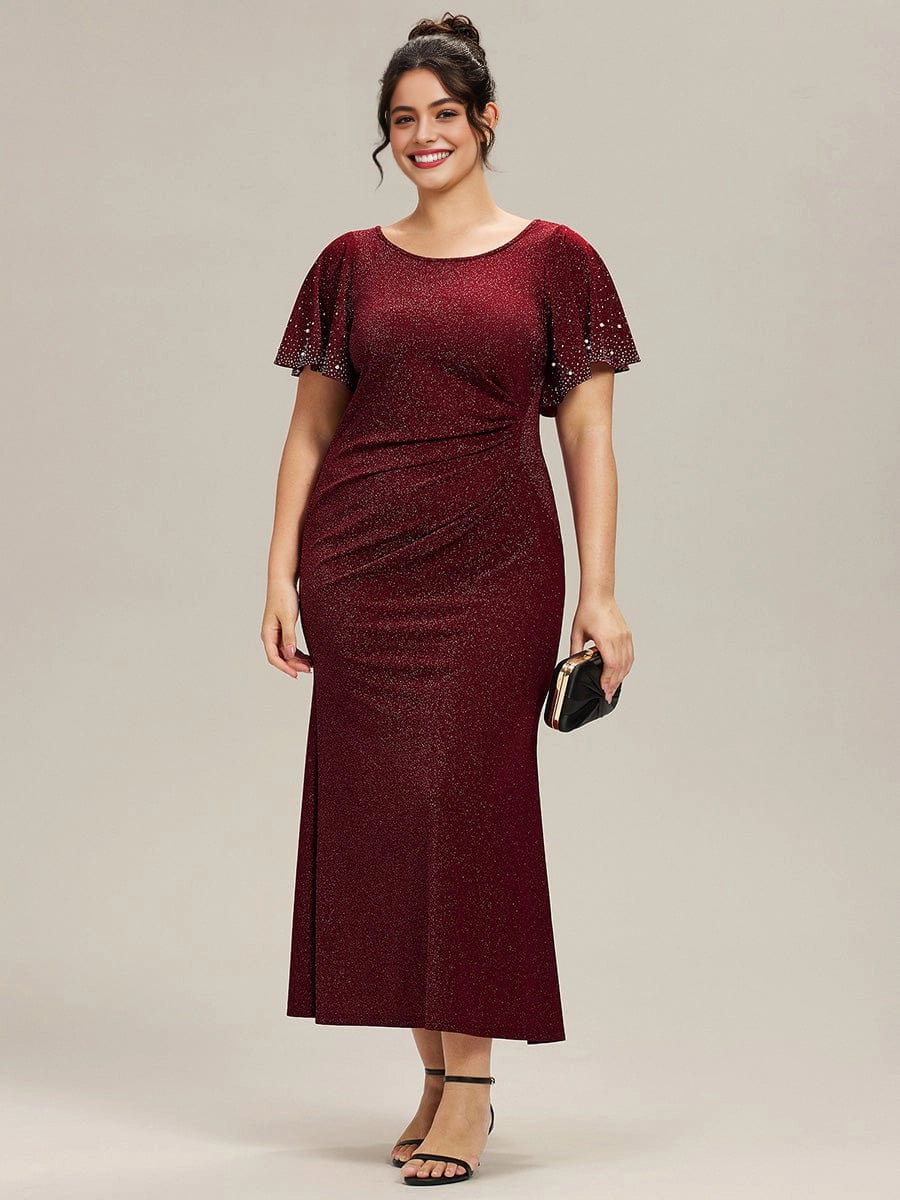 Roselledress burgundy plus size wedding guest dress glitter fabric rhinestone flutter sleeve midi sheath gown front view