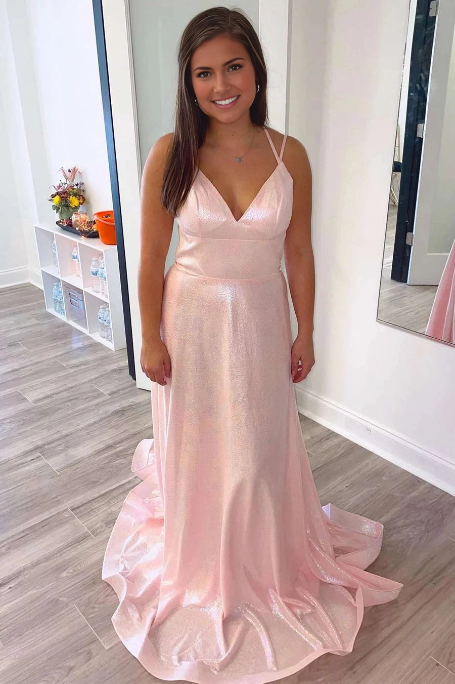 Roselledress pink iridescent glitter a‑line prom dress front view,v‑neck spaghetti strap long formal evening gown