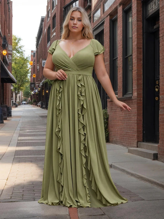 Roselledress olive green plus size bridesmaid maxi dress front view, wrap v neck flutter sleeve chiffon gown with vertical ruffle skirt