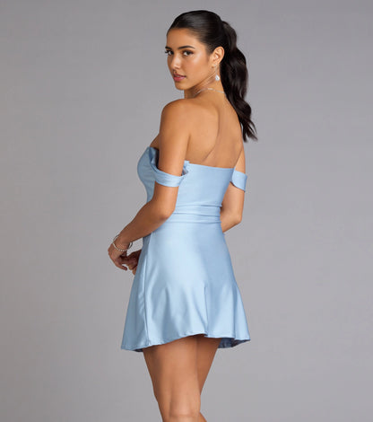 Glossy Flare Off-shoulder Short Sleeve Plain Back Mini Cocktail Dress