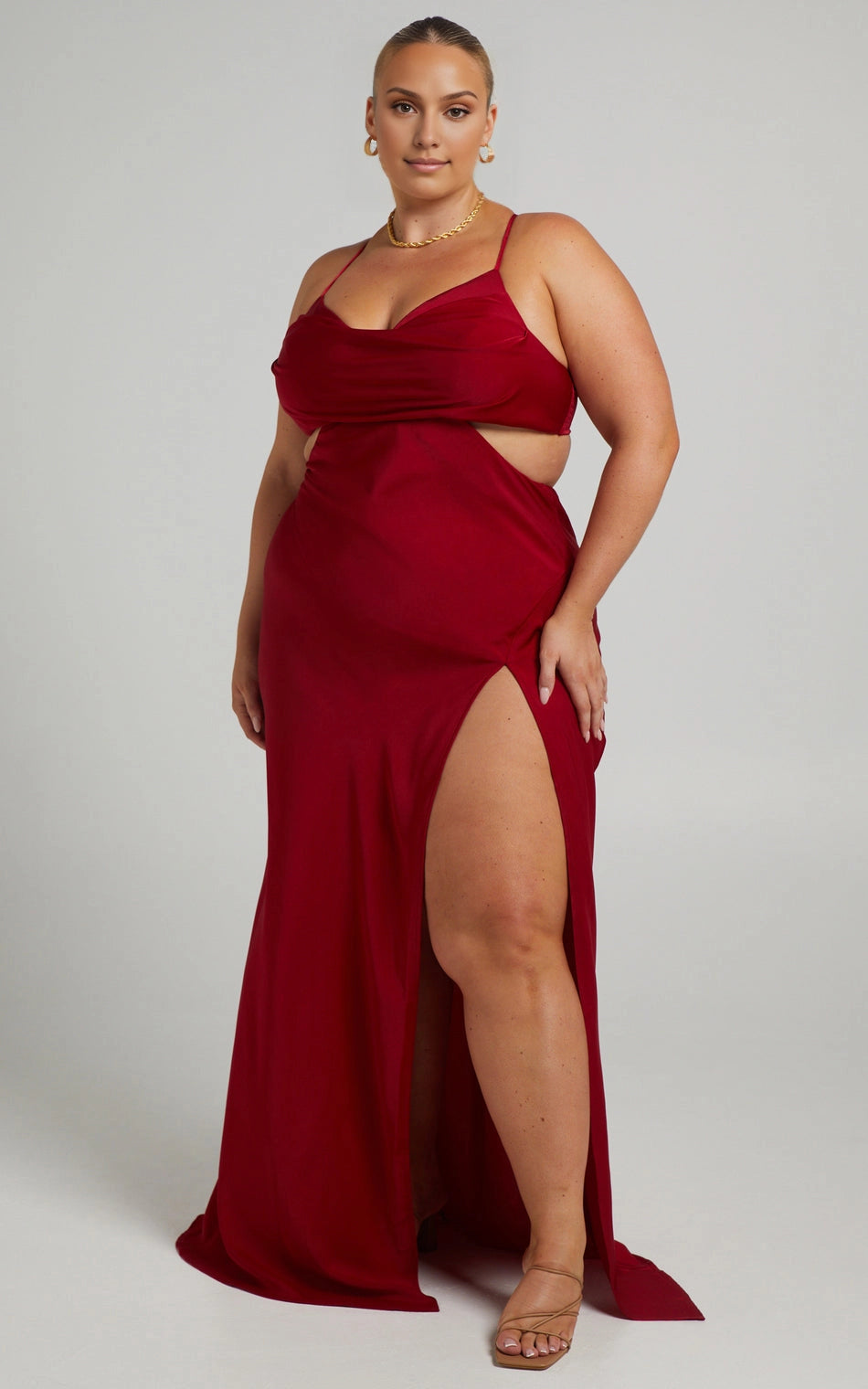 Roselledress burgundy plus size maxi wedding guest dress cowl neck cutout satin gown front view
