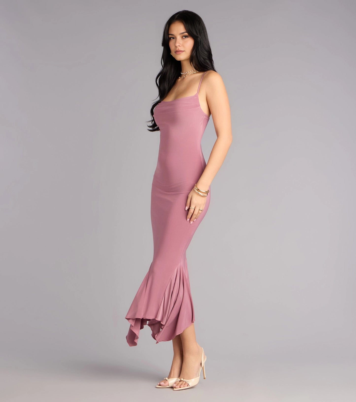 Smooth Midi Mermaid Square Spaghetti Strap Plain Back Midi Homecoming Dress