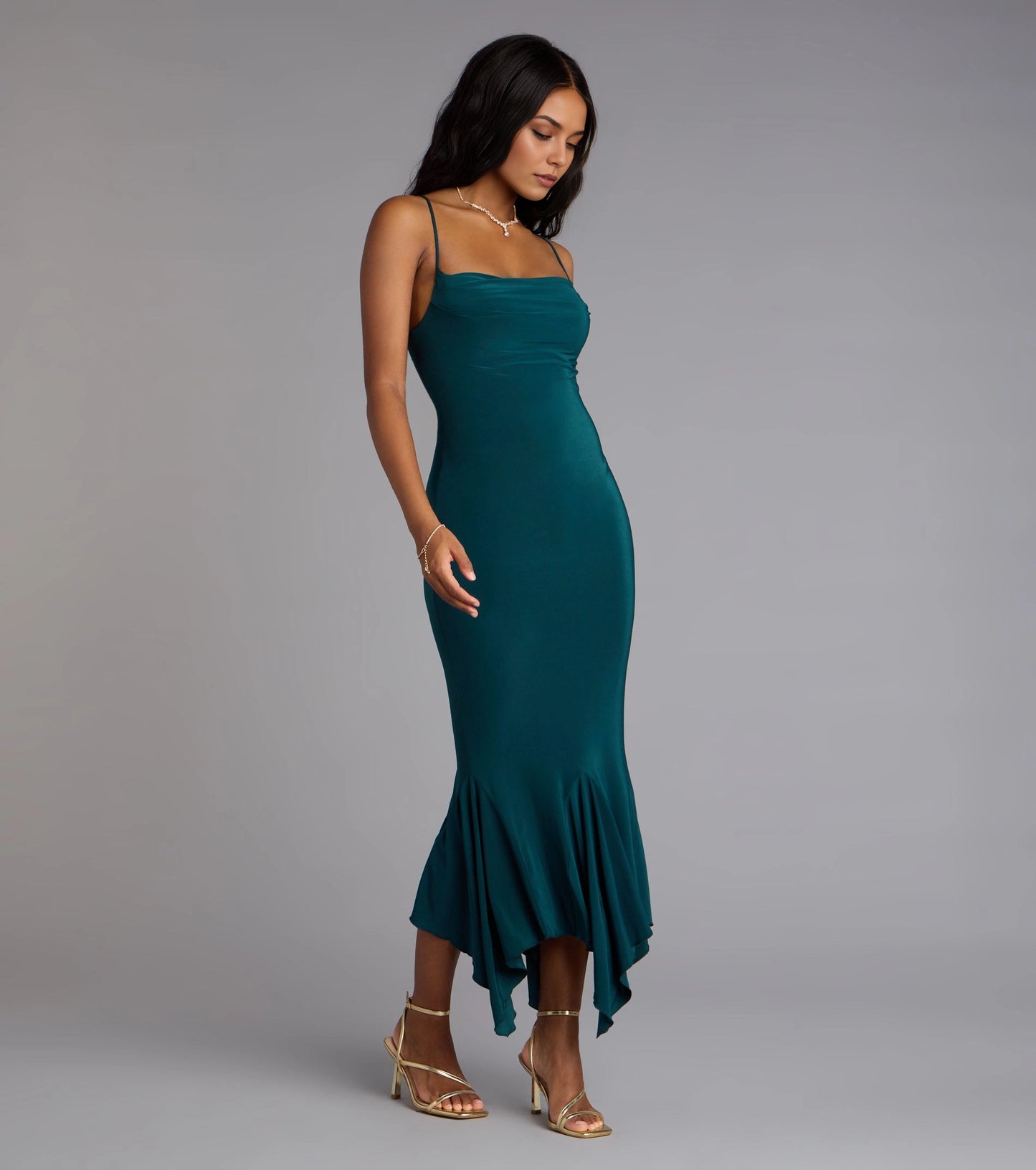 Smooth Midi Mermaid Square Spaghetti Strap Plain Back Midi Homecoming Dress