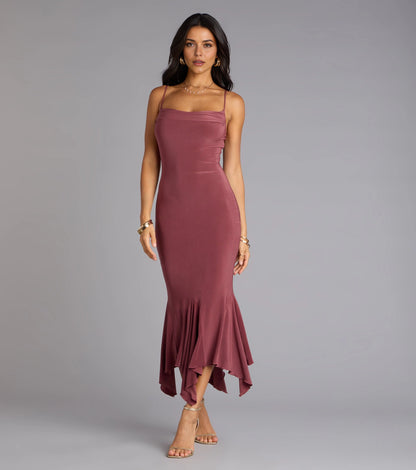 Smooth Midi Mermaid Square Spaghetti Strap Plain Back Midi Homecoming Dress