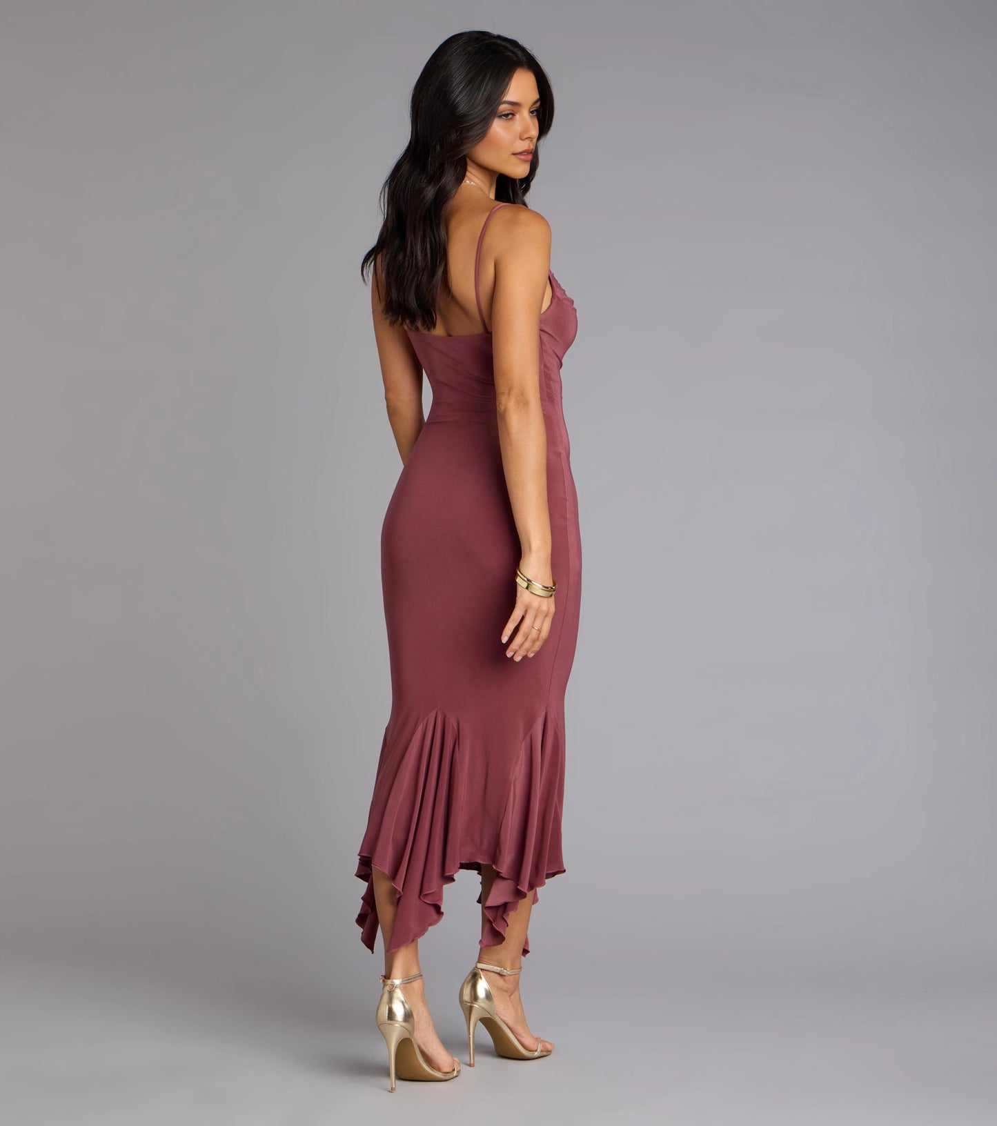 Smooth Midi Mermaid Square Spaghetti Strap Plain Back Midi Homecoming Dress