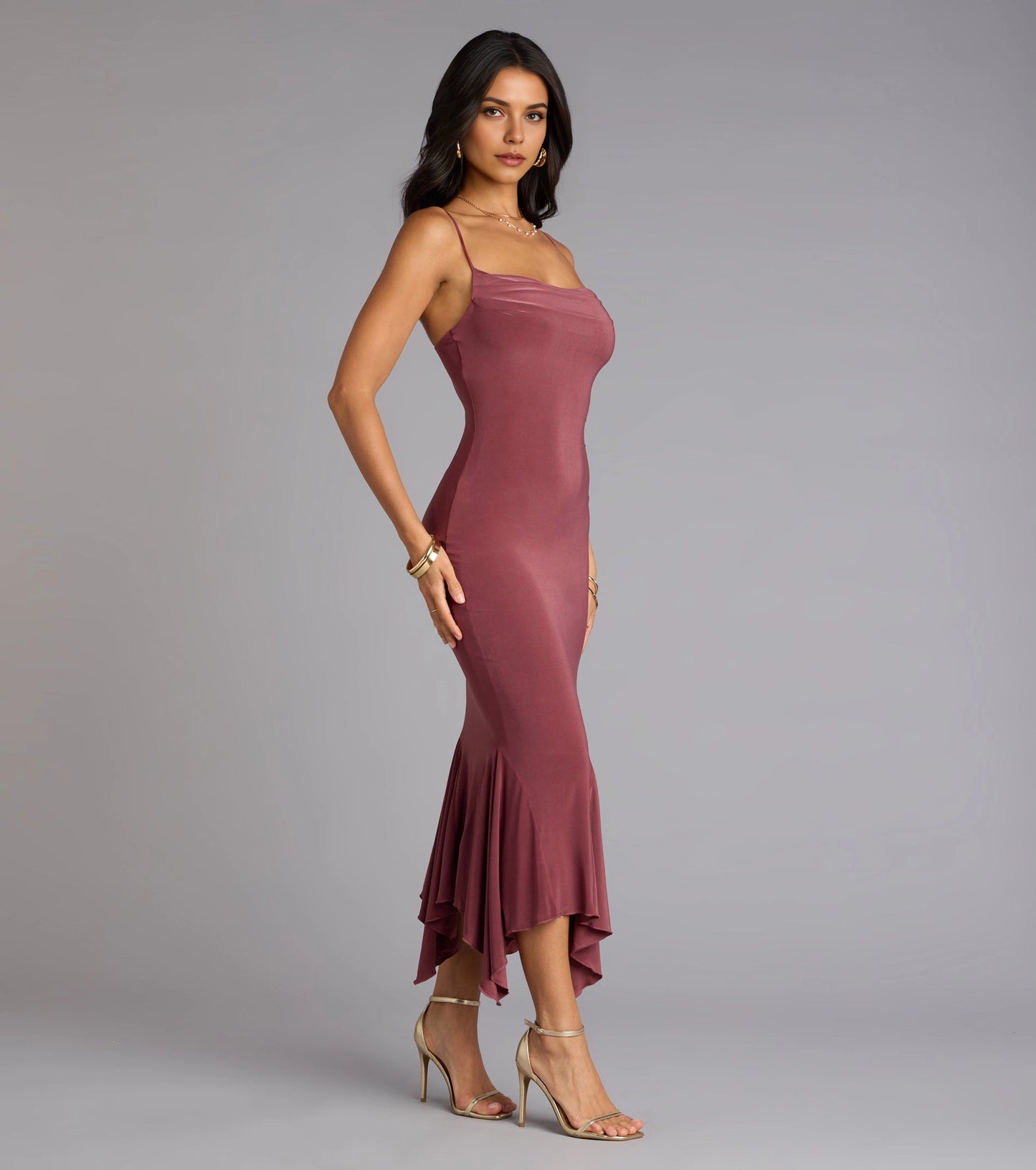 Smooth Midi Mermaid Square Spaghetti Strap Plain Back Midi Homecoming Dress