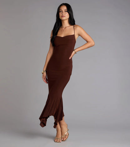 RoselleDress dusty rose smooth knit midi bridesmaid dress, square neck adjustable thin straps, plain low open back asymmetrical ruffle mermaid formal gown