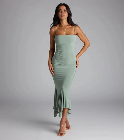 Smooth Midi Mermaid Square Spaghetti Strap Plain Back Midi Homecoming Dress