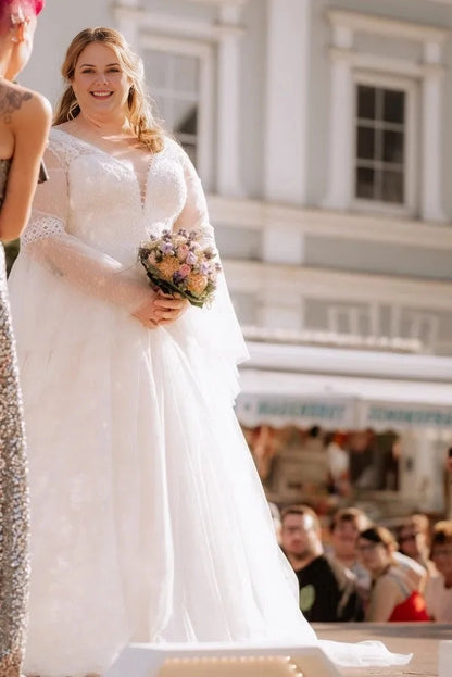Roselledress plus size a‑line wedding dress v‑neck dotted tulle mid sleeve chiffon flowy bridal gown outdoor wedding