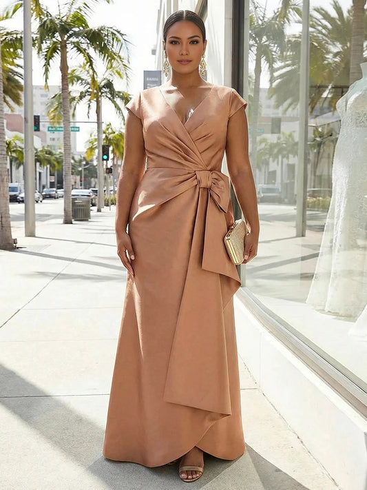 Roselledress champagne plus size mother of bride dress v neck cap sleeve wrap mermaid gown with bow sash front view
