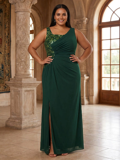 roselledress emerald green plus size wedding guest dress asymmetrical neck sequin lace panel ruched waist chiffon a‑line front slit floor‑length gown