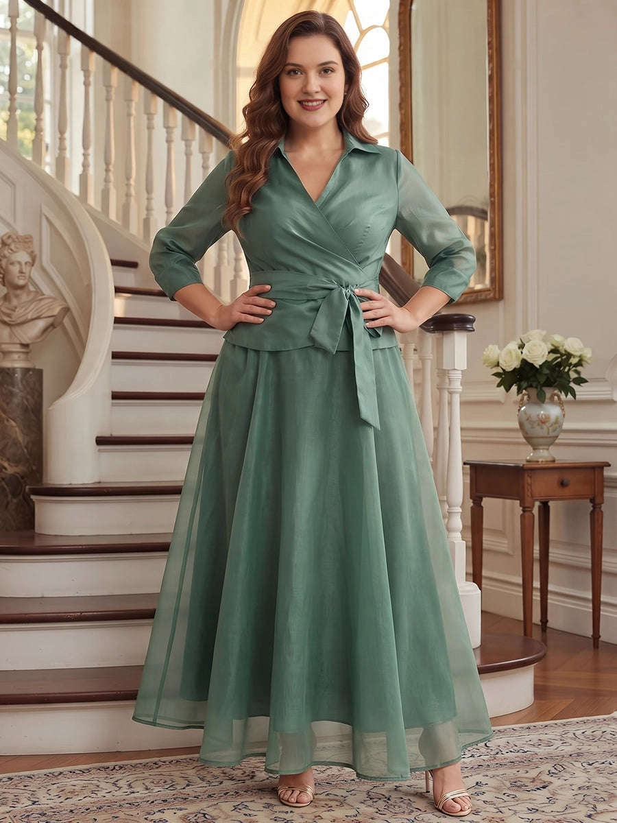 Roselledress sage green plus size mother of the bride dress,a‑line collared wrap v‑neck 3/4 sleeve tie‑waist formal gown