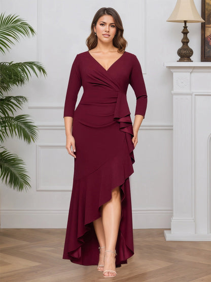Roselledress plus size mother of the bride dress, sophisticated burgundy mermaid hi‑lo gown with wrap v‑neck 3/4 sleeves ruffle detail