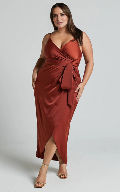 Roselledress rust satin plus size bridesmaid midi dress front view, wrap v-neck gown with tie sash and front split