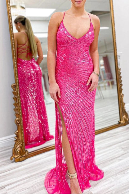 Roselledress hot pink sequin prom dress front view, deep v‑neck spaghetti strap mermaid formal gown with diagonal sequin details